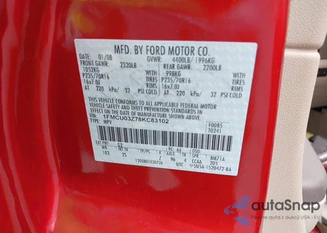 2008 Ford Escape Xlt z USA, uszkodzony, nr VIN 1FMCU03Z78KC83102